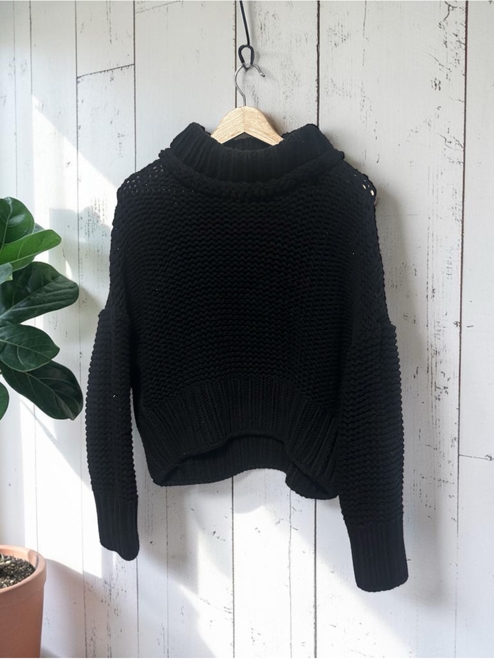 Free People Black Chunky Knit Cowl Neck Sweater Size Large